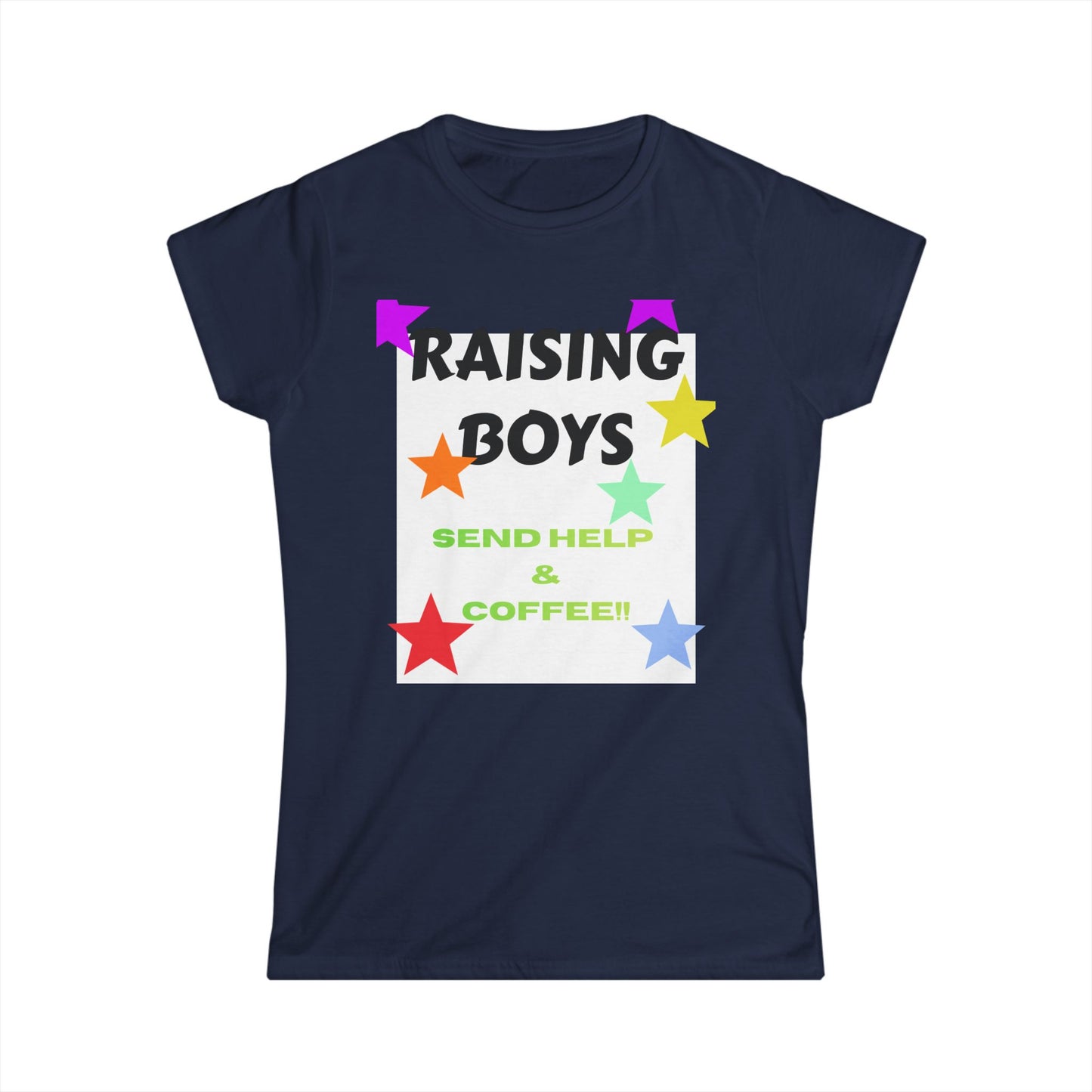 Navy graphic T-shirt with “Raising Boys” stars and “Send Help & Coffee” text