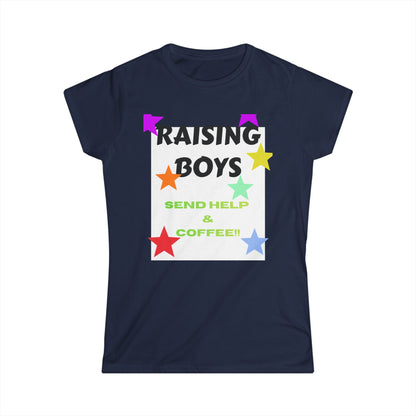 Navy graphic T-shirt with “Raising Boys” stars and “Send Help & Coffee” text