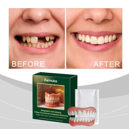 Denture kit with green box and clear blister holding pink-and-white teeth