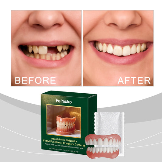 Denture kit with green box and clear blister holding pink-and-white teeth