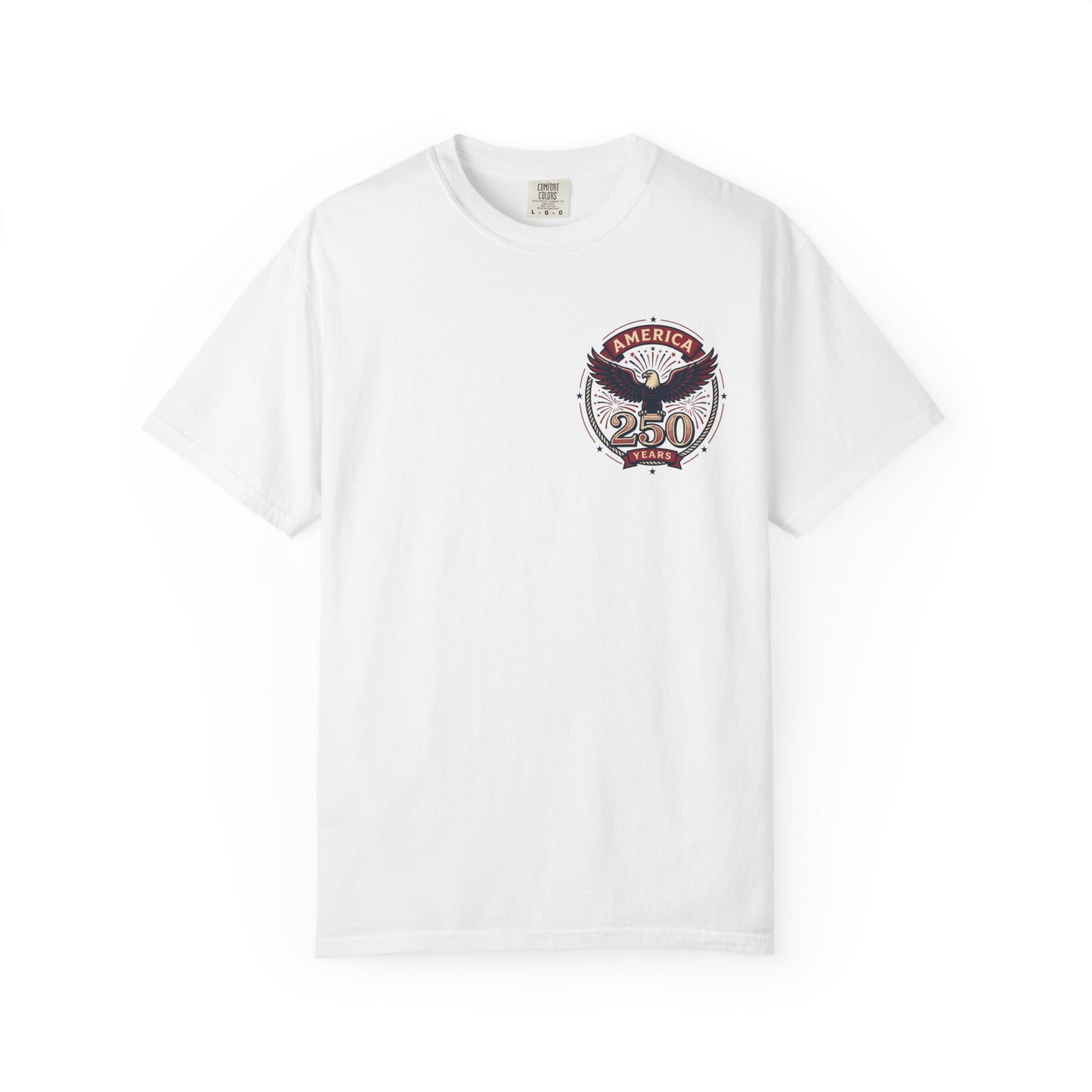 White T-shirt with round eagle 250 emblem graphic on the chest