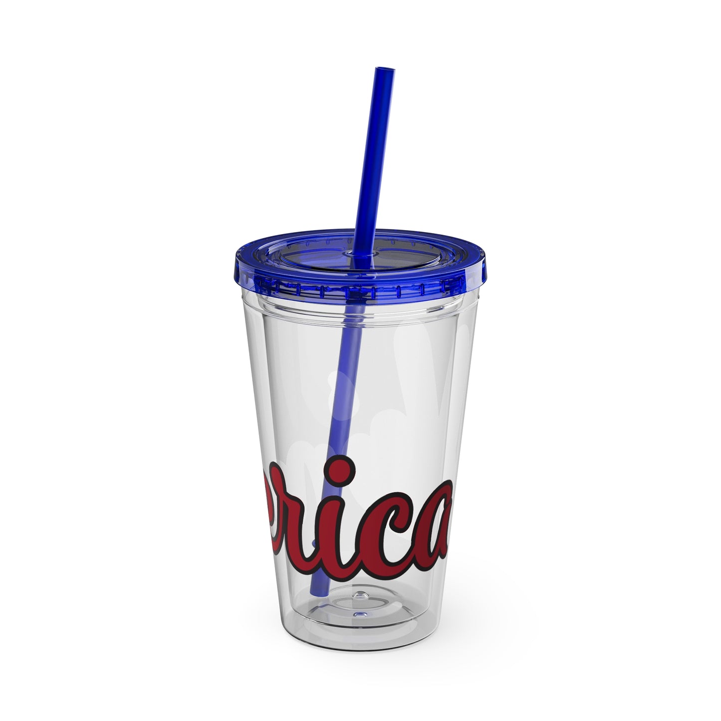 16oz peace sign tumbler, clear with blue lid and straw, red-and-blue peace icon