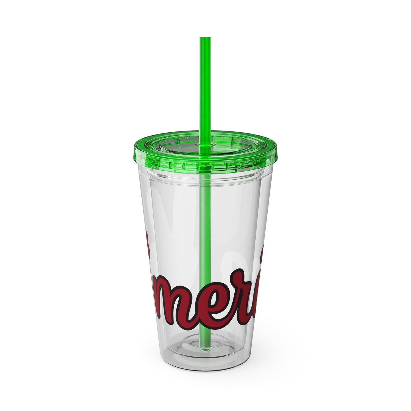 Clear 16oz tumbler with lid and green straw, red and black "mer" graphic