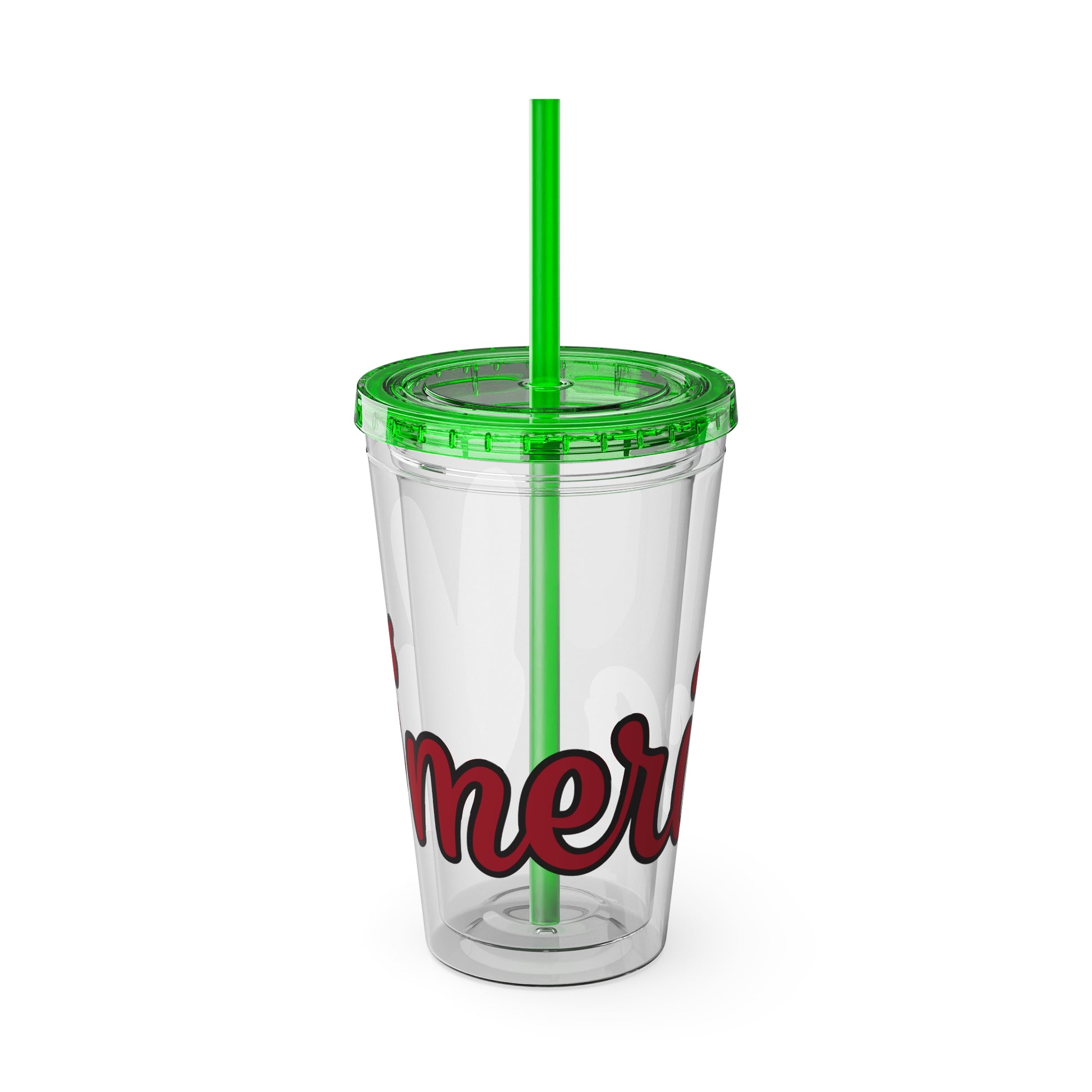 Clear 16oz tumbler with lid and green straw, red and black "mer" graphic