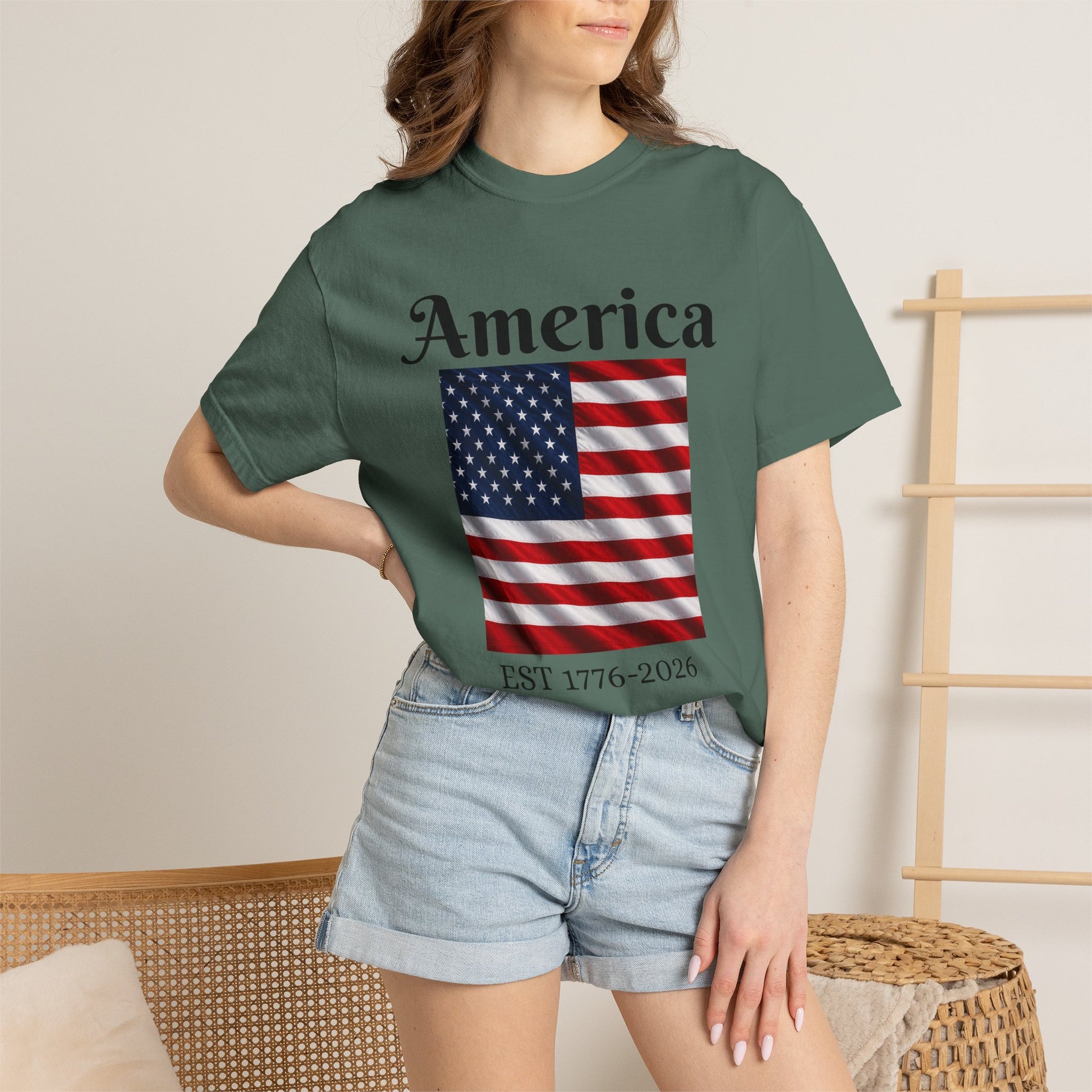 Teal T-shirt with front America script and U.S. flag graphic