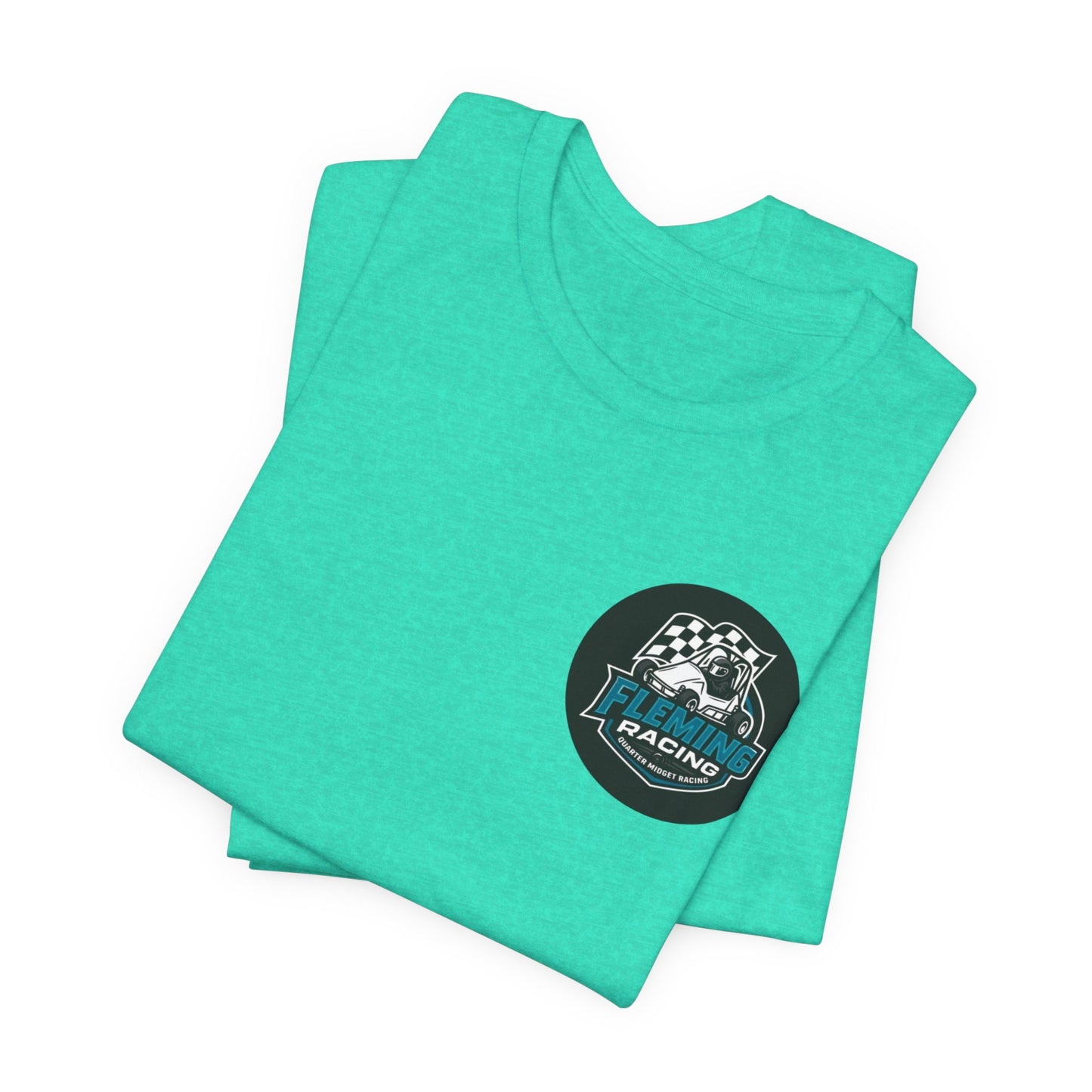 Teal Fleming Racing logo T-shirt with circular car emblem on chest