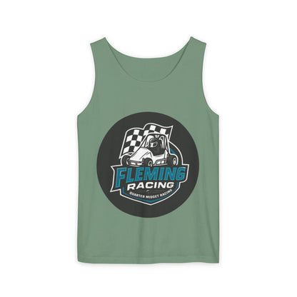 Green racing tank top with circular Fleming Racing graphic on front