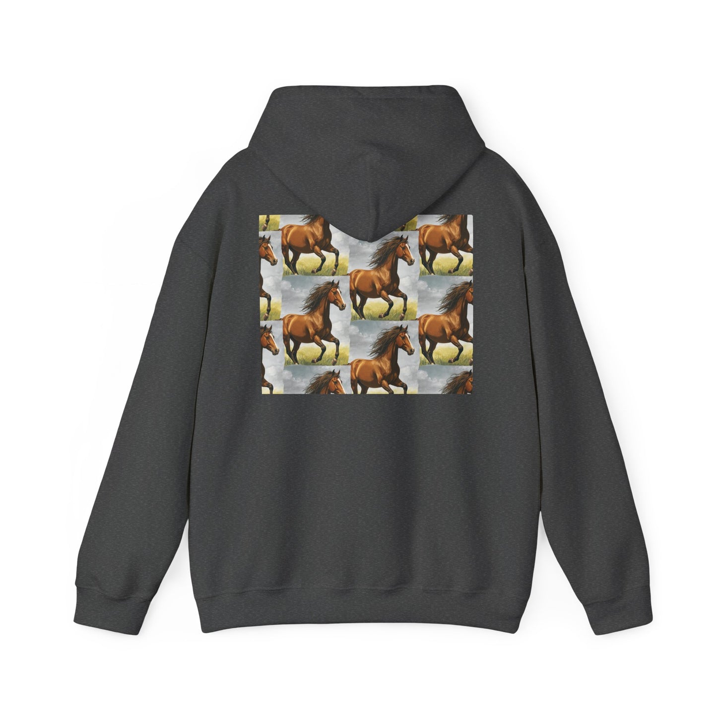 Dark gray horse pattern hoodie with centered graphic panel on the back