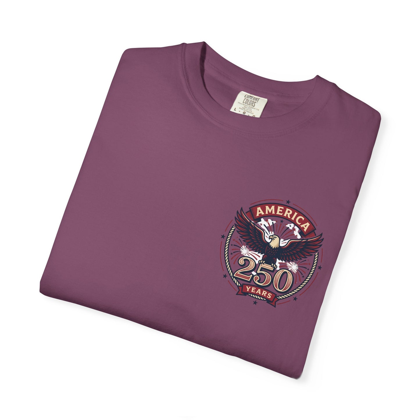 Plum T-shirt with America 250 circular eagle logo on chest, folded