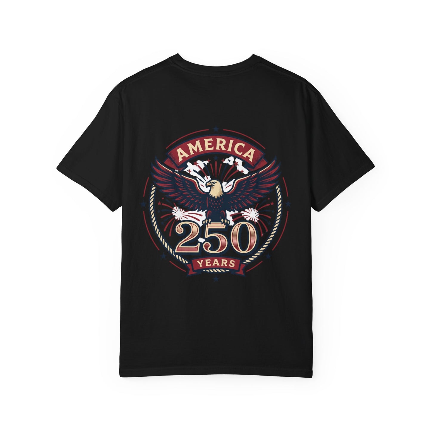 Black T-shirt with circular 'America 250 Years' eagle graphic in red and gold