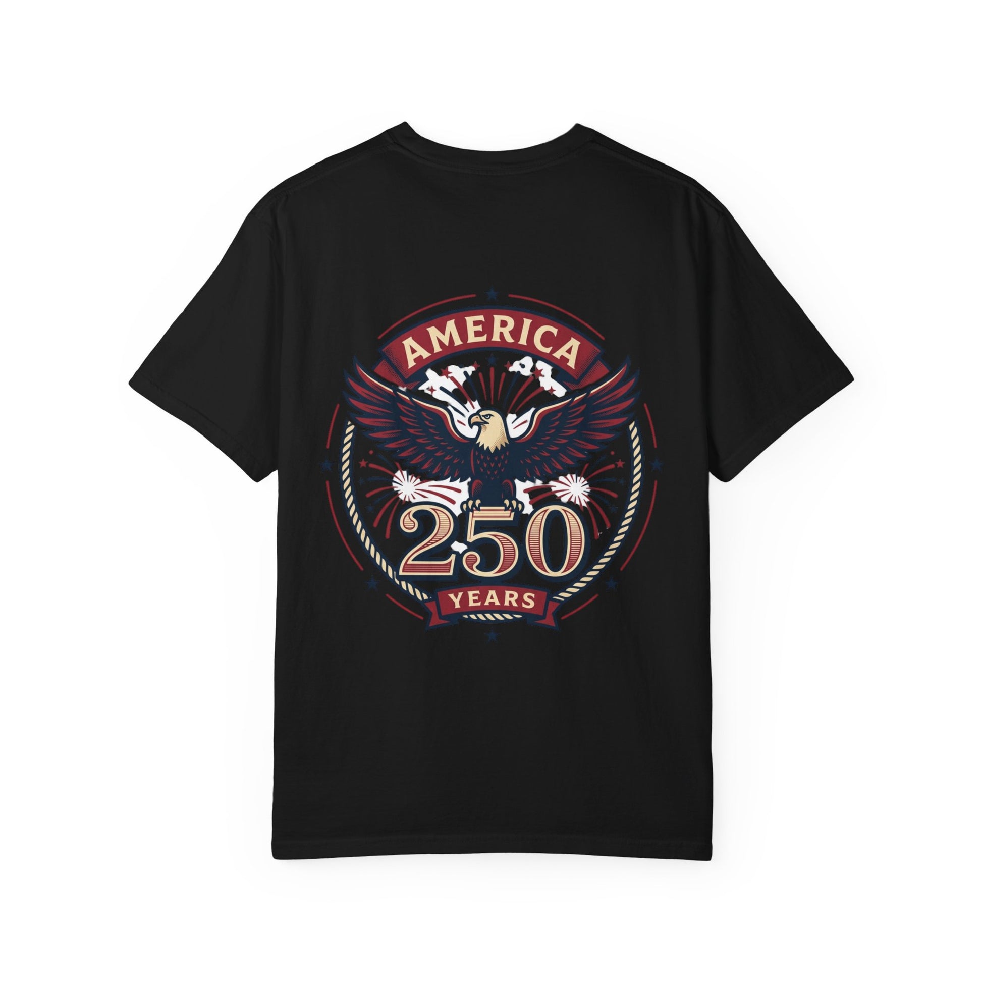 Black T-shirt with circular 'America 250 Years' eagle graphic in red and gold