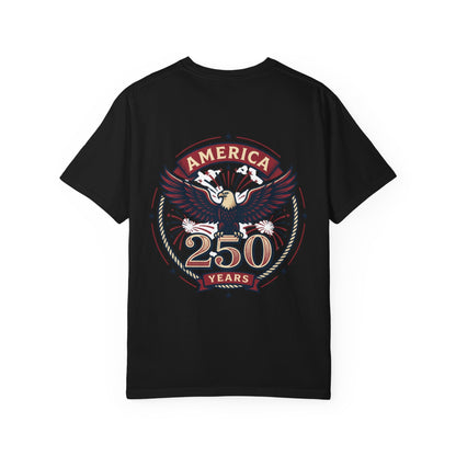 Black T-shirt with circular 'America 250 Years' eagle graphic in red and gold