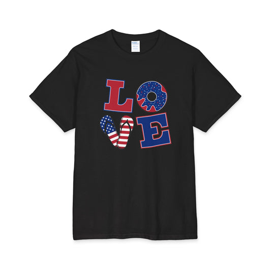 Black crew-neck tee with red "LOVE" lettering and blue patriotic donut-style icon