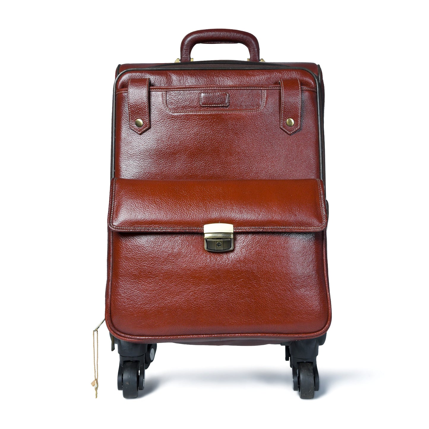 Brown leather carry-on trolley bag with front lock clasp and top handle