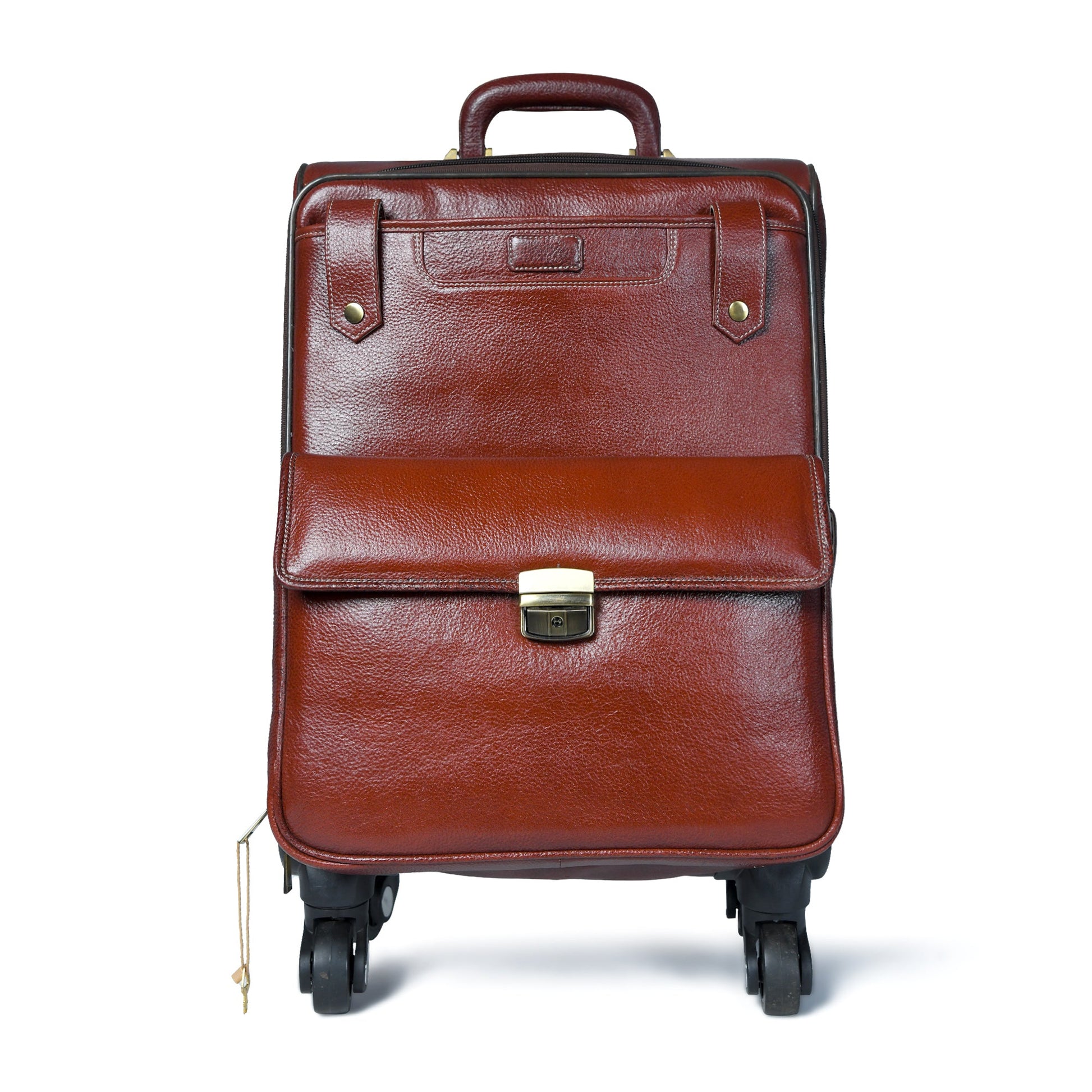 Brown leather carry-on trolley bag with front lock clasp and top handle