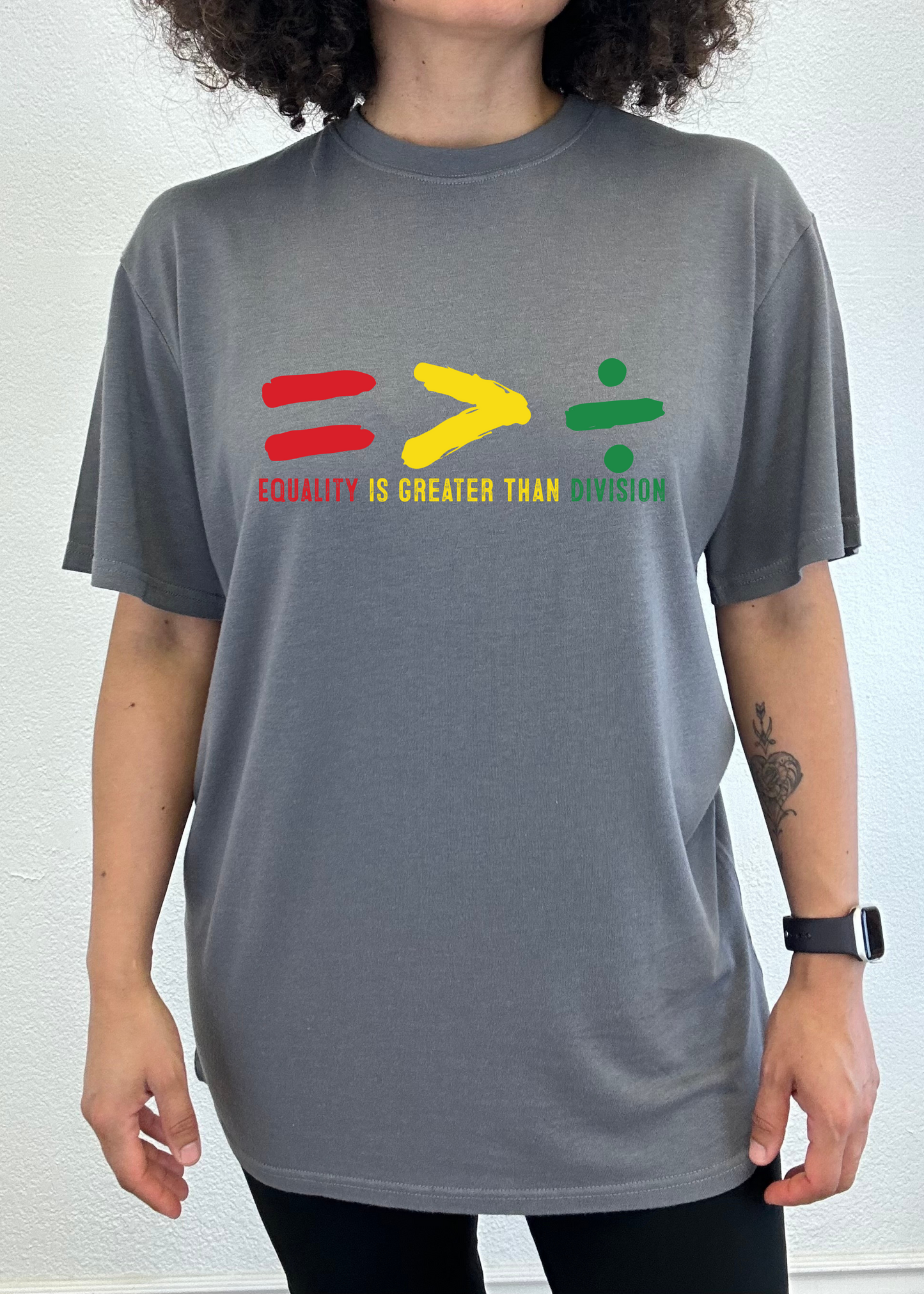 Unisex charcoal gray graphic t-shirt with multicolor Equality slogan and symbol print