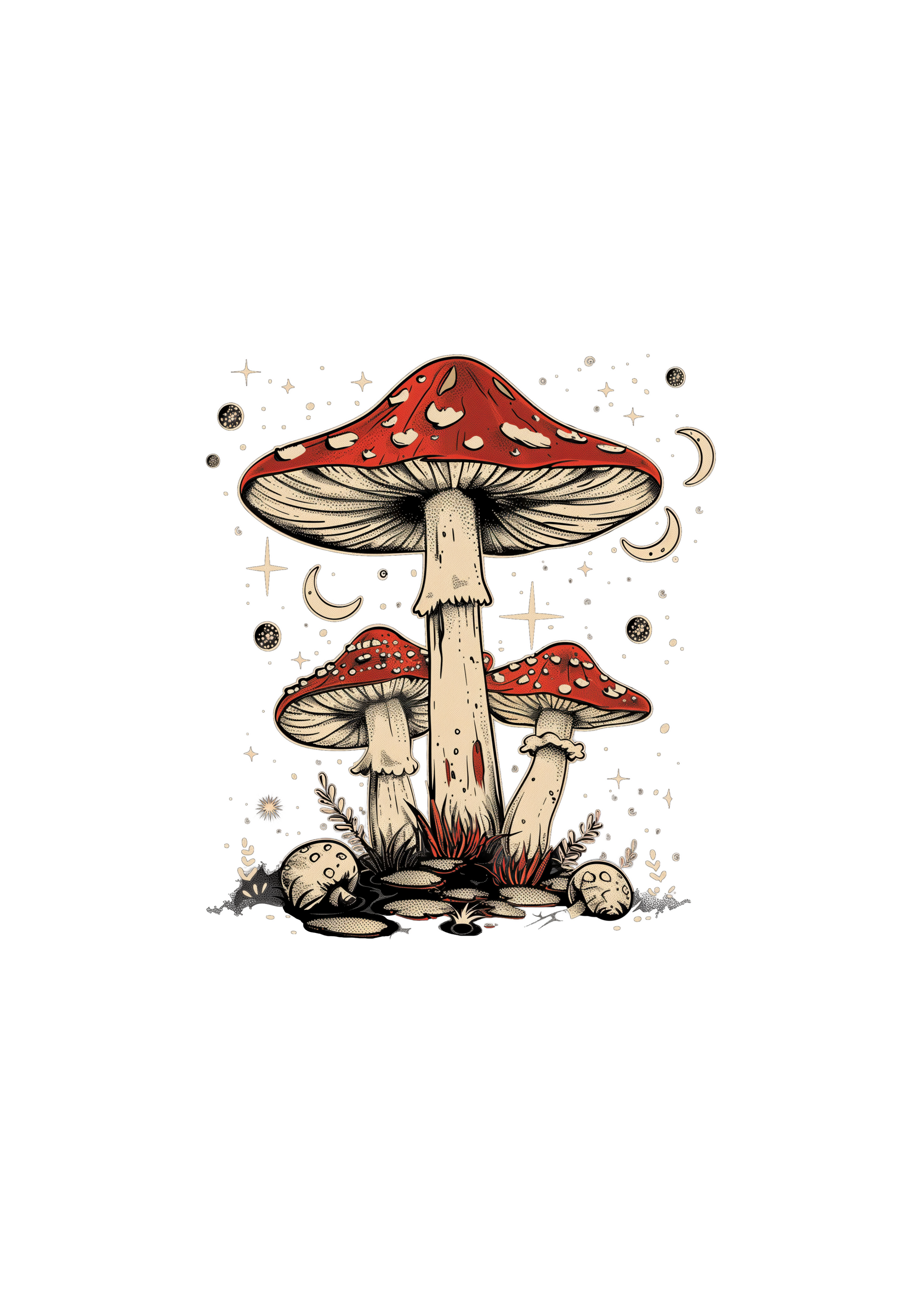 Mushroom graphic T-shirt design with red caps, long stems, sparkles, and curled spores.