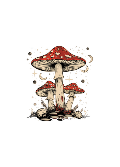Mushroom graphic T-shirt design with red caps, long stems, sparkles, and curled spores.