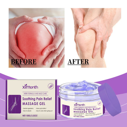 Soothing massage gel, hands massaging a knee with a red sore spot