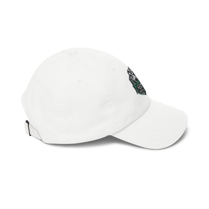 Fleming Racing soccer crest dad cap, white, angled side with side patch