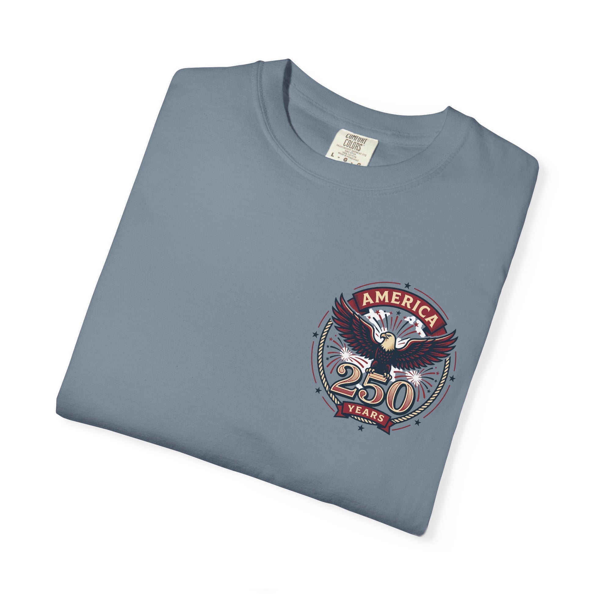 Blue T-shirt with America 250 Years eagle emblem graphic on the chest