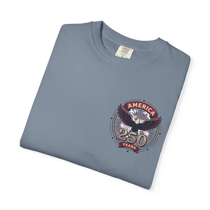 Blue T-shirt with America 250 Years eagle emblem graphic on the chest