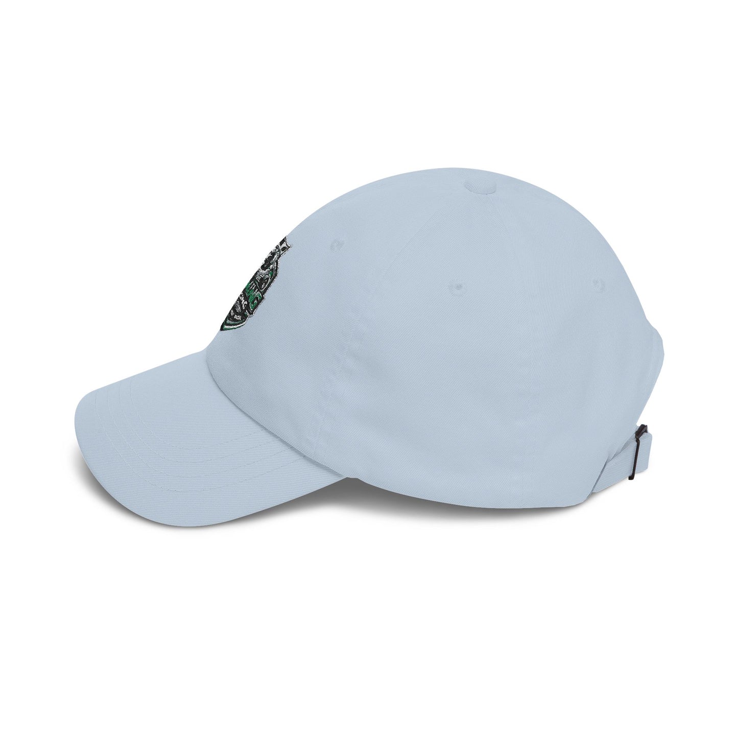 Light blue dad cap with soccer crest patch and curved brim, side view.