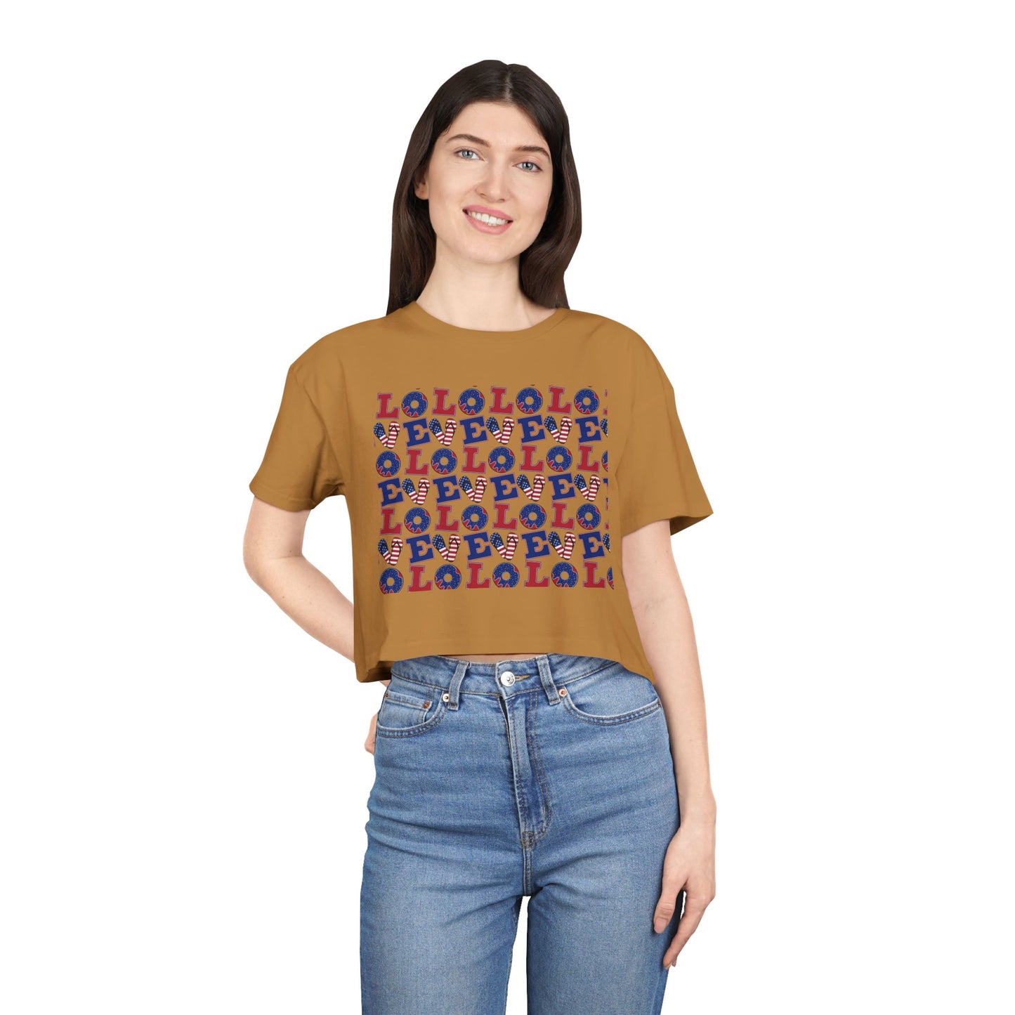 Crop top graphic tee, camel-brown with multicolor LOL print front