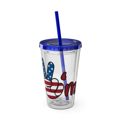 16oz peace sign tumbler, clear with blue lid and straw, American flag heart graphic