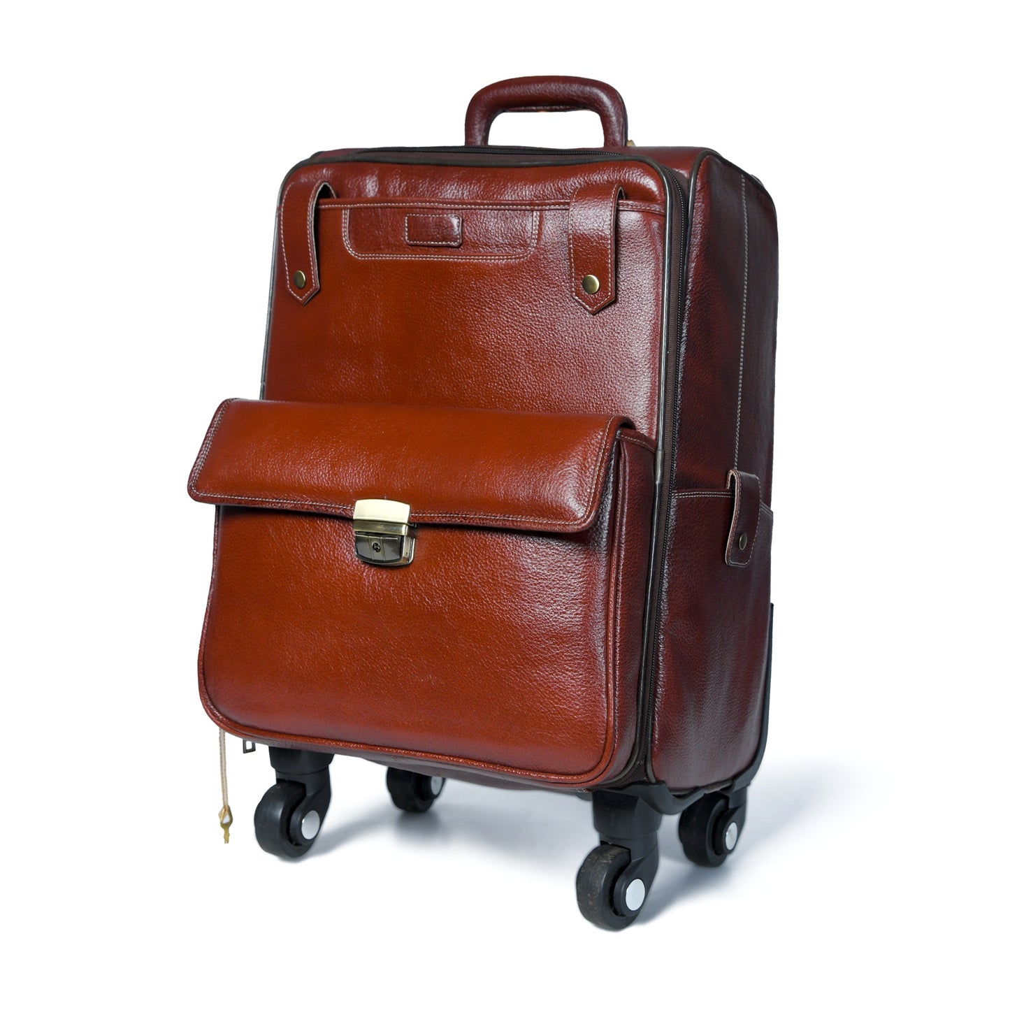 Brown leather carry-on trolley bag with front flap, top handle, and caster wheels