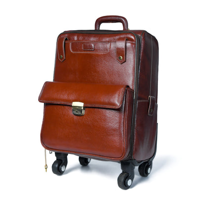 Brown leather carry-on trolley bag with front flap, top handle, and caster wheels
