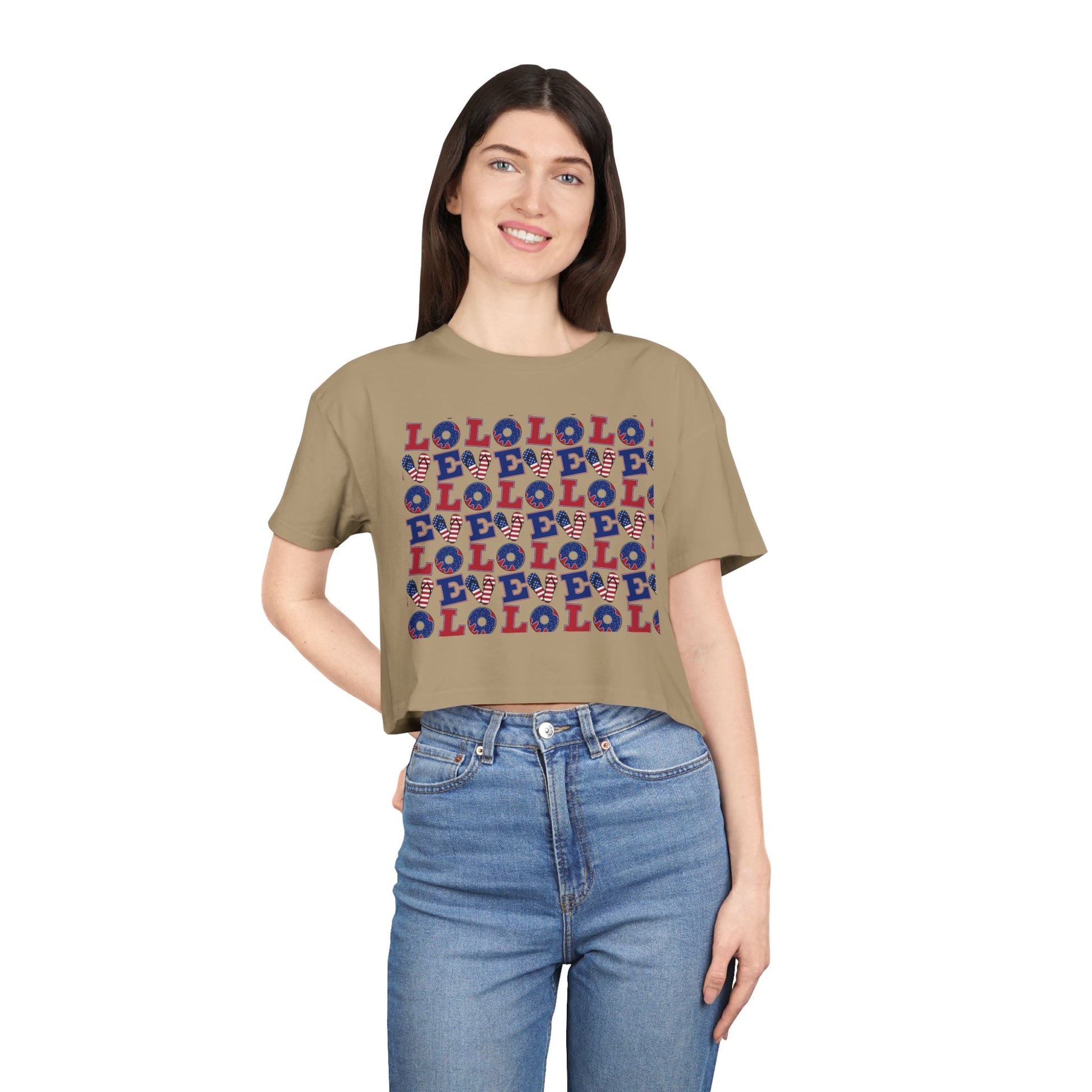 Camel brown crop graphic tee with multicolor LOLO pattern front, crew neck, short sleeves