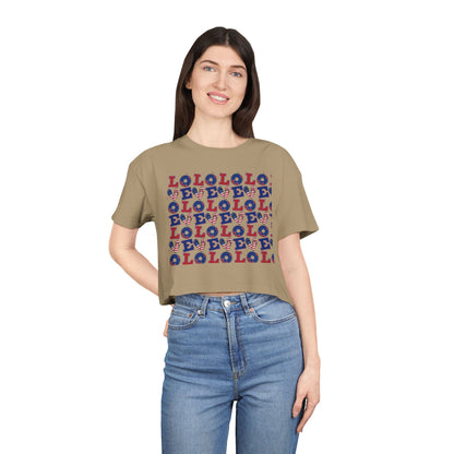Camel brown crop graphic tee with multicolor LOLO pattern front, crew neck, short sleeves
