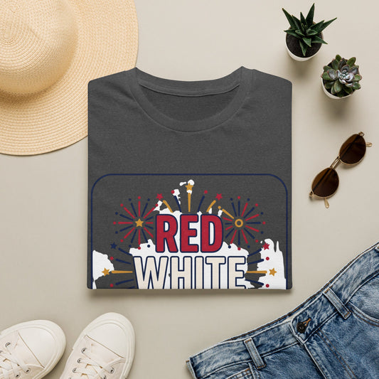 Dark gray crewneck T-shirt with fireworks graphic reading "RED WHITE"