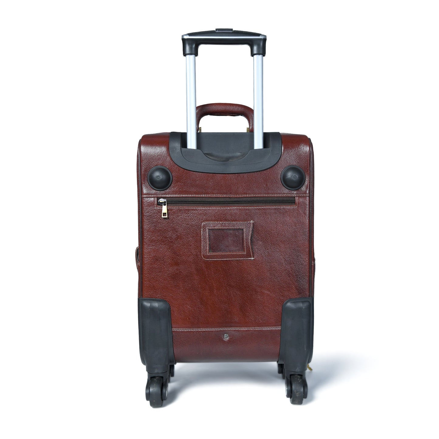 Brown leather carry-on trolley bag with telescoping handle and two front wheel caps