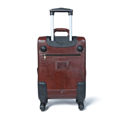 Brown leather carry-on trolley bag with telescoping handle and two front wheel caps