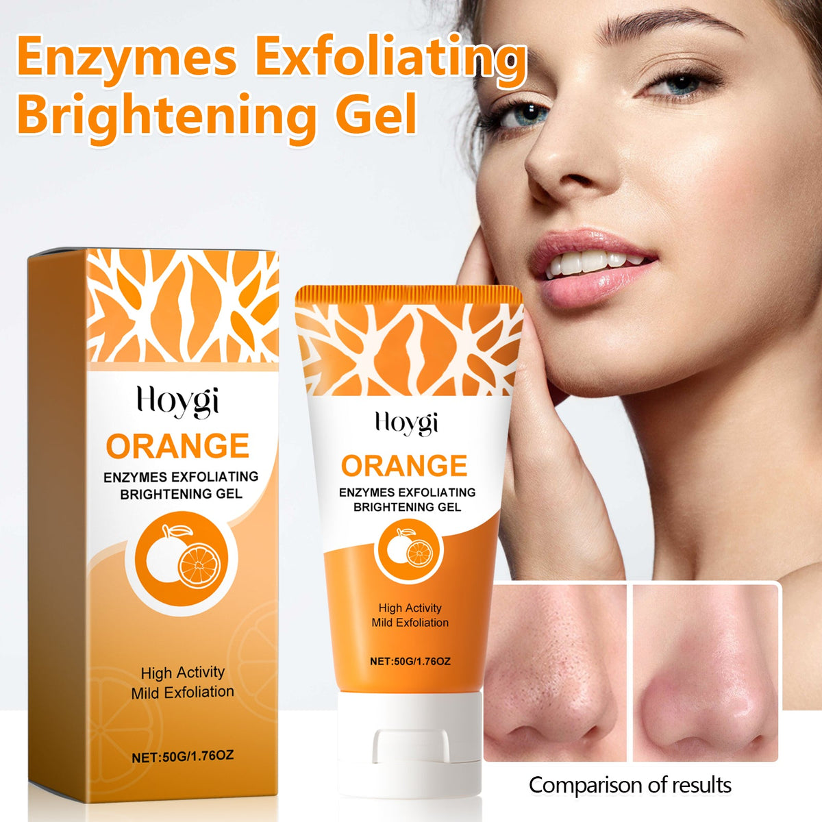 Hoygi orange exfoliating brightening gel tube and product box, 50 g