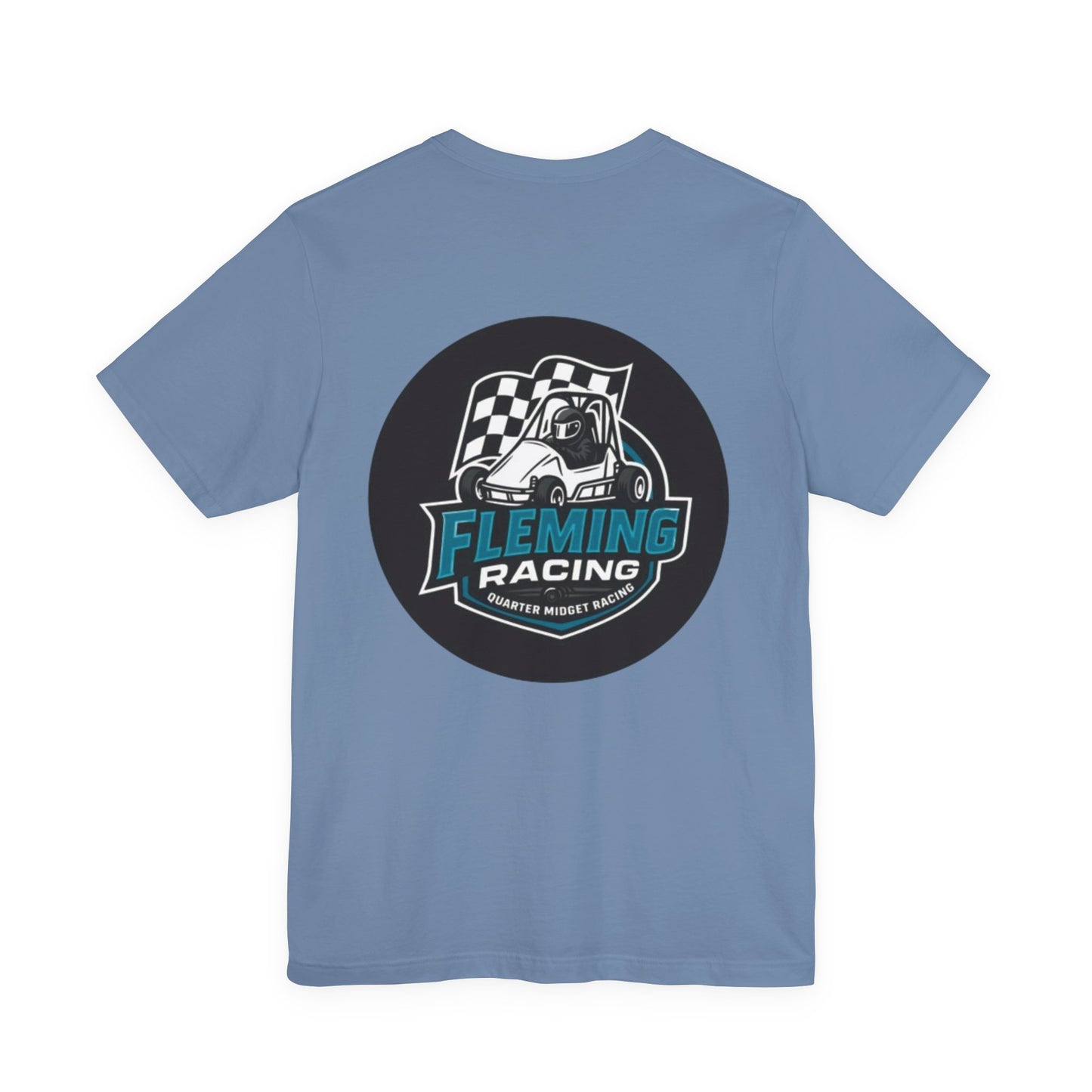 Periwinkle blue Fleming Racing logo T-shirt with circular car emblem
