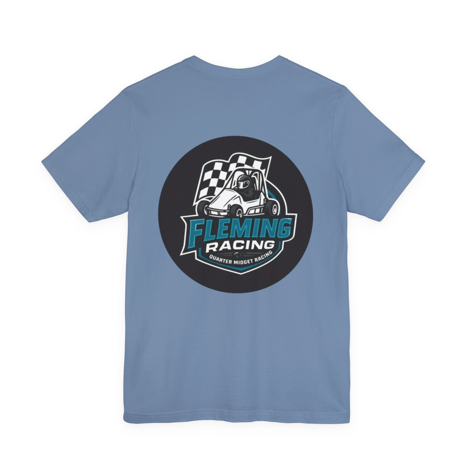 Periwinkle blue Fleming Racing logo T-shirt with circular car emblem