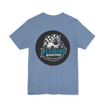 Periwinkle blue Fleming Racing logo T-shirt with circular car emblem