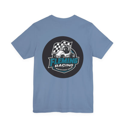 Steel blue racing logo T-shirt with circular car emblem graphic on chest.