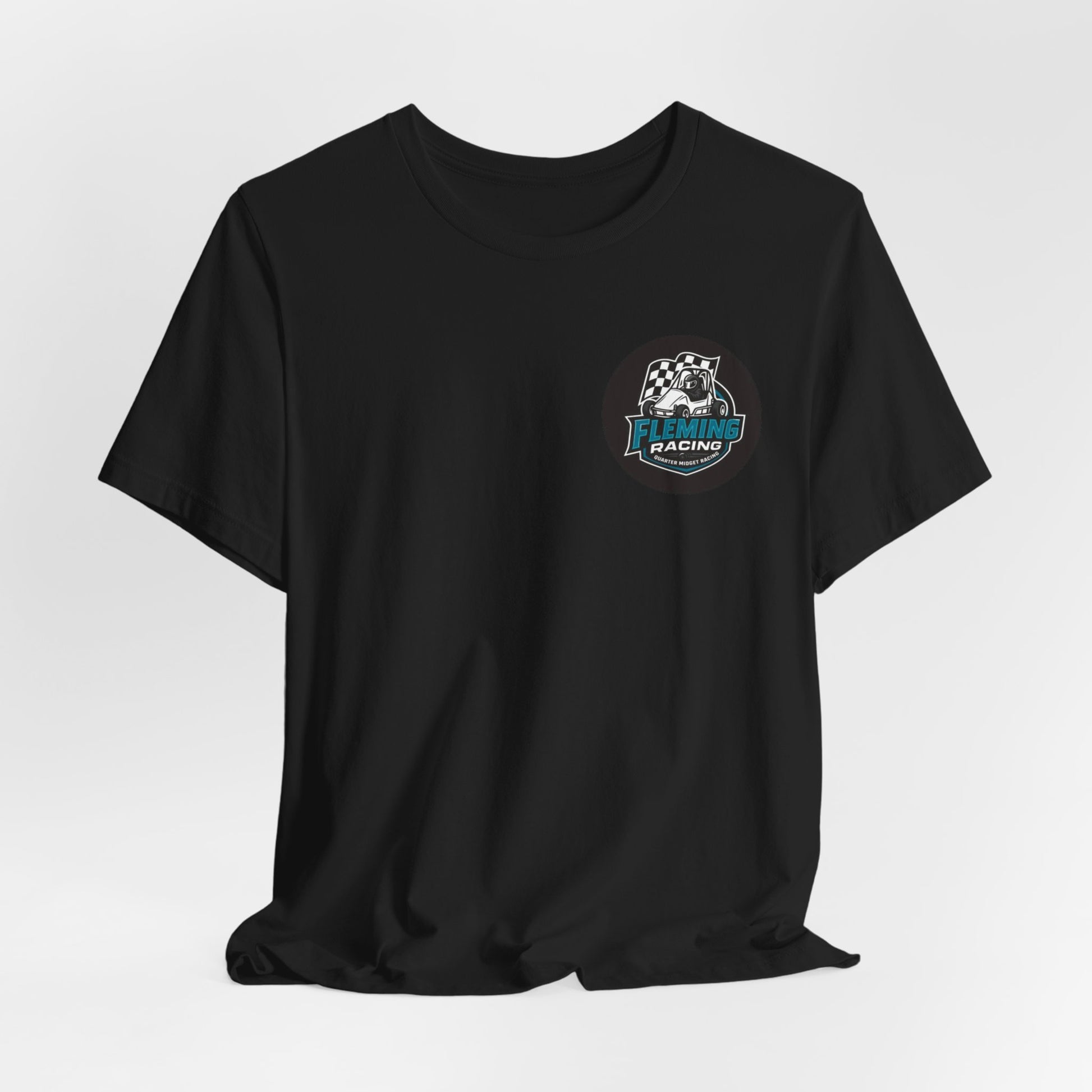 Black T-shirt with small circular Fleming Racing logo on left chest