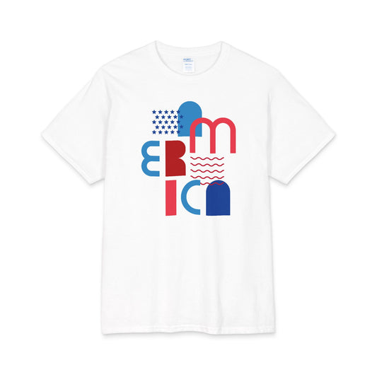 White graphic T-shirt with abstract block letter design in red and blue