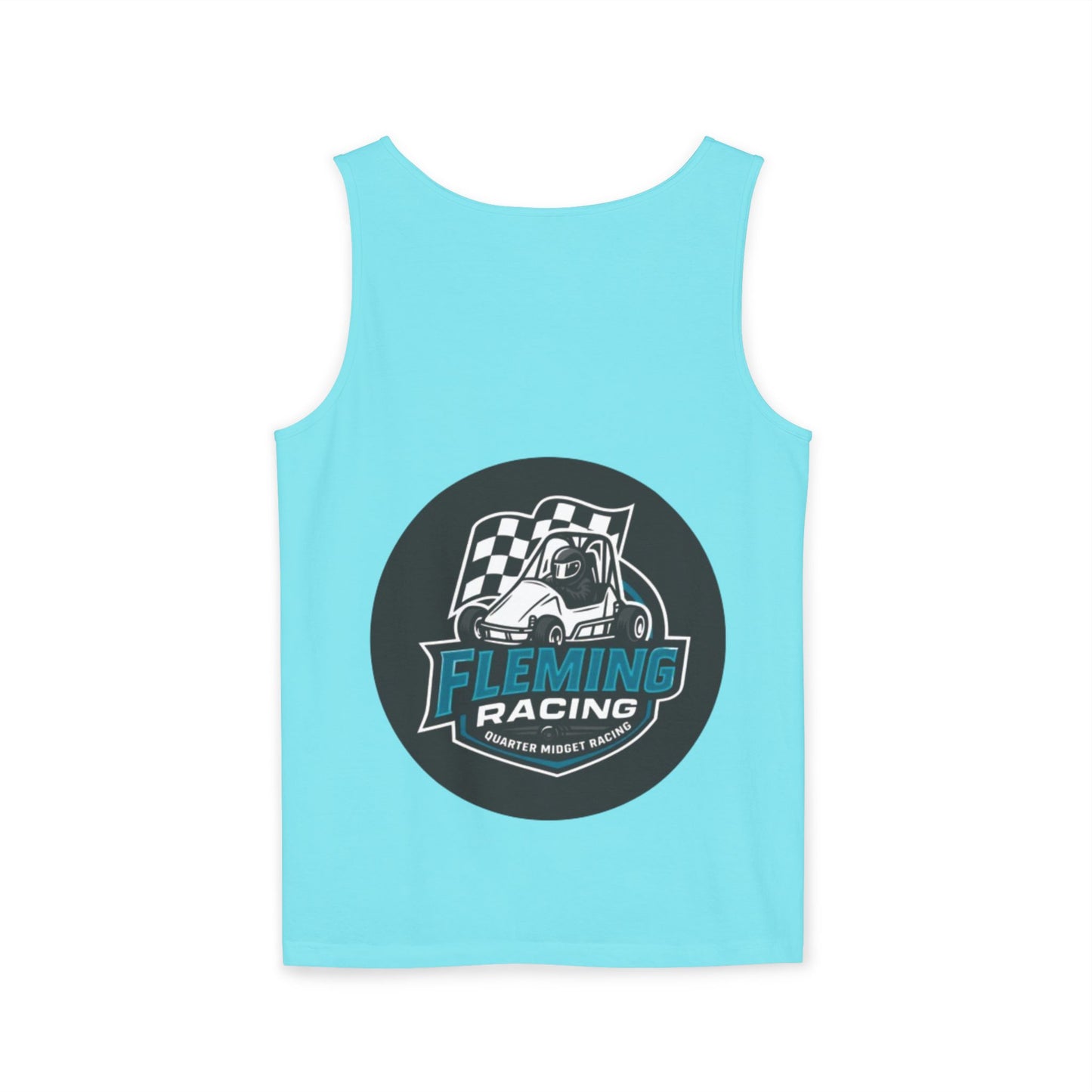 Light blue racing tank top with Fleming Racing motorsports graphic centered on chest