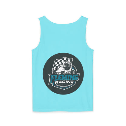 Light blue racing tank top with Fleming Racing motorsports graphic centered on chest