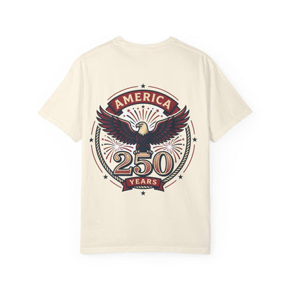 Ivory unisex t-shirt with “America 250 Years” eagle emblem graphic