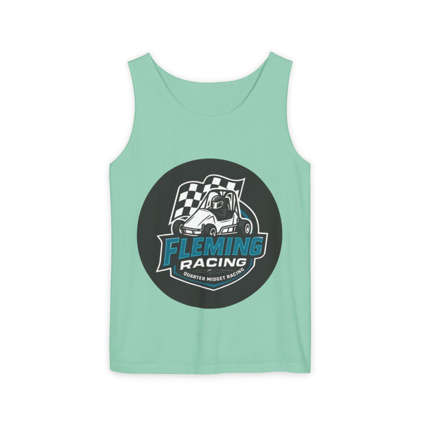 Mint green racing tank top with circular Fleming Racing graphic on front