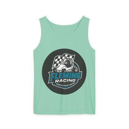 Mint green racing tank top with circular Fleming Racing graphic on front