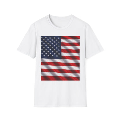 White crew-neck T-shirt with American flag graphic square print on the front