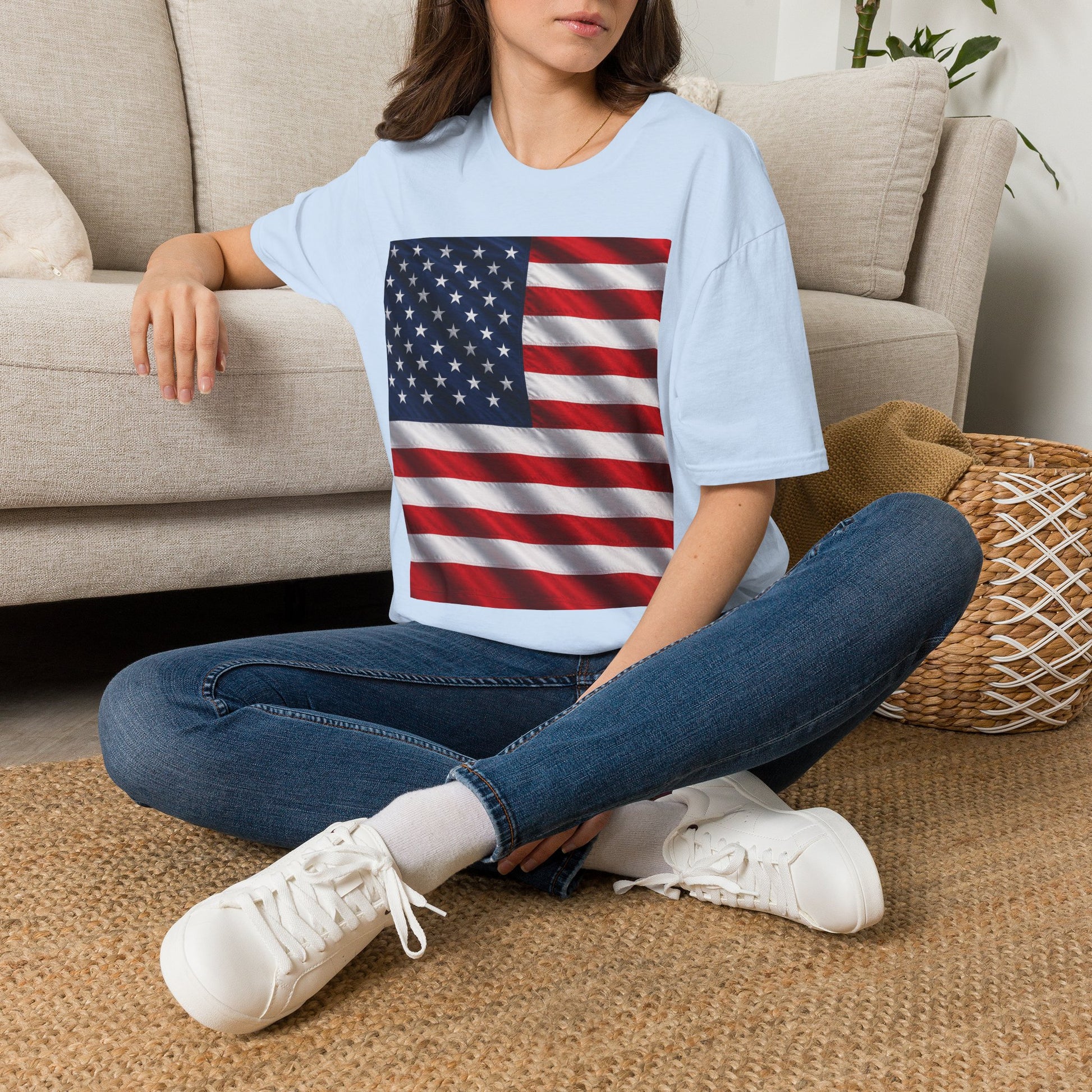 Graphic T-shirt, light blue, American flag print, worn by model sitting